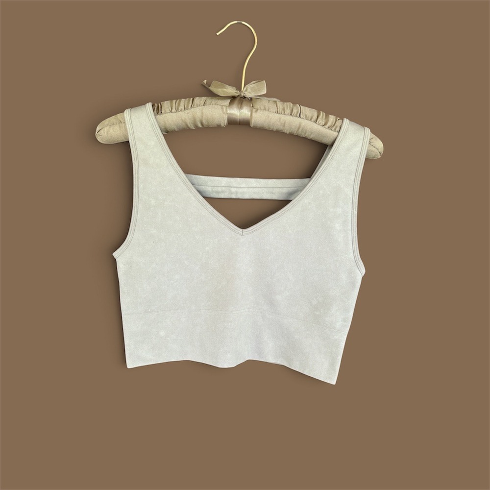 90 Degree by Reflex Stone Wash Seamless Bianca Bra Tank Beige V-Neck Crop Top L